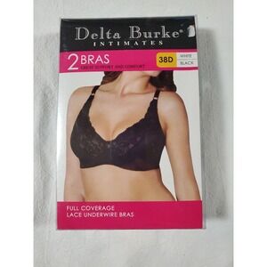 Delta Burke Intimates 2 Bras 38D‎ Full Coverage Lace Underwire  White And Black